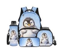 Binienty Zaino carino per bambini, borsa per libri con astuccio, borsa per il pranzo, maniche per bottiglie d'acqua, 4 pezzi materiale scolastico per studenti, Pinguino., L, Casual