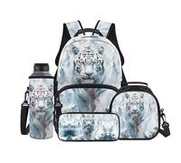 Binienty Zaino per bambini e ragazzi, set 4 in 1 con portapranzo, astuccio, borraccia, borsa per libri, zaino da giorno, Tigre bianca., L, Casual