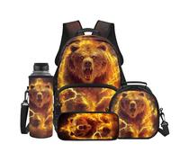 Binienty Zaino per bambini e ragazzi, set 4 in 1 con portapranzo, astuccio, borraccia, borsa per libri, zaino da giorno, Orso di fuoco, L, Casual