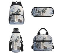 Binienty Zaino per bambini, per la scuola, per adolescenti, ragazze, ragazzi, set casual, con borsa per il pranzo, astuccio per matite, borsa per bottiglia d'acqua, Famiglia lupo, Taglia unica