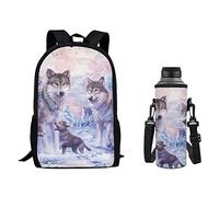 Binienty Zaino per la scuola personalizzato Set portabottiglie con tracolla regolabile per ragazzi e ragazze, Famiglia lupo, Zaini Daypack