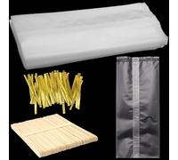 Binnan 100 Pezzi Sacchetti per Ghiaccioli Trasparenti e Bastoncini per Gelato in Legno con 150 Pezzi Imballaggio Twist Fascette, Sacchetti Trasparenti per ghiaccioli per Gelati Fatti a Mano Fai-da-Te