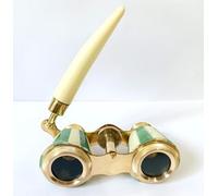 Binocolo teatrale vintage in ottone placcato oro con motivo a righe verdi, manico avorio, binocolo teatrale