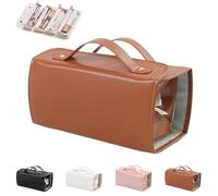 Binozinco Cosmetic Bag, 4 in 1 Leather Waterproof Cosmetic, Large Capacity Removable Foldable Transparent Multi-Compartment Hanging Cosmetic Bag, Portable, Suitable for Travel (Brown,1)