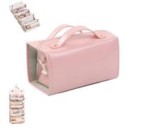 Binozinco Cosmetic Bag, Binozinco Leather Waterproof Cosmetic Bag, Detachable 4 In 1 Roll Up Makeup Bag, Leather Waterproof Multi Compartment Foldable Makeup Bags for Women (Pink)
