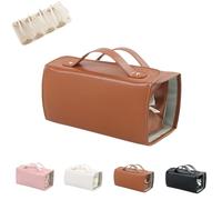 Binozinco Cosmetic Bag, Leather Waterproof Cosmetic Bag, 4 In 1 Roll Up Makeup Bag, Large Capacity Portable Multi Compartment Makeup Bag (Brown)