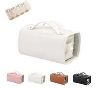 Binozinco Cosmetic Bag, Leather Waterproof Cosmetic Bag, 4 In 1 Roll Up Makeup Bag, Large Capacity Portable Multi Compartment Makeup Bag (White)