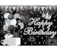 BINQOO 2,1 x 1,5 m nero Happy Birthday sfondo glitter palloncino regalo segno nero spot compleanno anniversario sfondo donne ragazze bambino festa di compleanno forniture