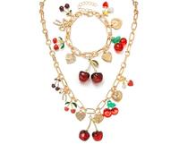 binxliuxo Cherry Bow Heart Charm Bracelet, Gold Chunky 3D Fruit Realistic Enamel Pearl Adjustable Chain Handmade Fashionable Christmas Jewelry Gifts for Women (2PCS)
