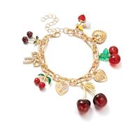 binxliuxo Cherry Bow Heart Charm Bracelet, Gold Chunky 3D Fruit Realistic Enamel Pearl Adjustable Chain Handmade Fashionable Christmas Jewelry Gifts for Women (1PC)