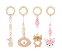 BINYI 4 Pezzi Palestrina Neonato Montessori Arco Giochi per Passeggino da Appendere Giocattoli di Legno per Bambini Pieghevole Gioco Auto Neonato Baby Gym con Ciondolo in Legno (Rosa)