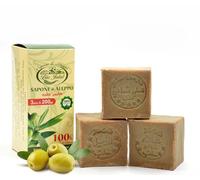 BIO JALAL Sapone di Aleppo Originale 100% olio d’oliva puro 3 pezzi x 200 g sapone naturale vegano ideale per corpo capelli viso e mani prodotto a mano