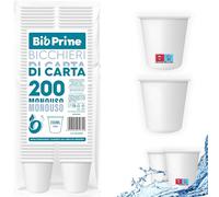 Bio Prime - 200pz - Bicchieri Acqua in Carta 200ml - Bicchieri 200ml Biodegradabili - Per Bevande Calde, Acqua e Bibite - Bicchieri Usa e Getta.