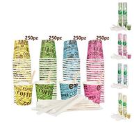 Bioaiks 1000 Bicchierini da Caffe in Carta con Palettine in Legno - Scorta Ufficio, 4 Colori, 75 ml