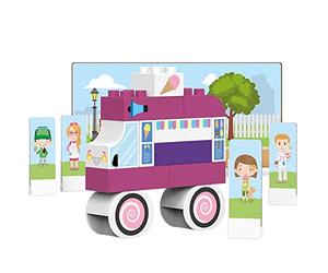 BIOBUDDI Blocchi da Costruzione - Set da Gioco per Furgone Gelato, 27 Blocchi, 9 Carte da Spingere