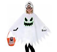 BIOECEUA Costumi di Halloween per Bambini, Mantello Spaventoso con Cappuccio Luminoso e Zucca, Maschera Fantasma con Secchiello per Dolcetti, Poncho Morbido, Abito per Festa di Dolcetto o Scherzetto