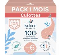 BIOLANE - Pannolini mutandine - Taglia 6 (16+ kg) - Zero perdite per 12h - Confezione 1 mese - 108 pannolini - Eco-responsabile - Made in France