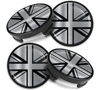 Biomar Labs Set Coprimozzi 54 mm 4 Pezzi - Tappi Centrali Ruota Universali per Cerchi in Lega Auto - Plastica Resistente per Ricambio Mozzo e Styling Esterno (Bandiera UK GB In Nero-Argento CF 15)