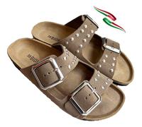 BIOMODEX CIABATTE ciabatte Donna Borchie in vera pelle scamosciata DUCHESS doppia fibbiaciabatta borchiata made in italy (crosta taupe, Sistema Taglie Calzature EU, Adulto, Donna, Numero, Media, 41)