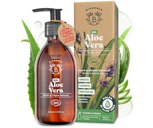 BIONOBLE Gel Aloe Vera Puro Bio 97% - Capelli, Viso, Doposole - 200ml | 98,8% Origine Naturale - Idrata, Lenisce - Aloe Vera Gel Puro, Olio Essenziale di Lavanda - Bottiglia di Vetro, Pompa
