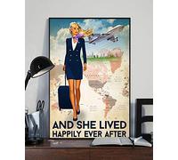 Biopracess Poster con assistente di volo e lei ha vissuto felici e contenti dopo, poster in metallo per assistente di cabina, assistente di compagnia aerea, 20 x 30 cm