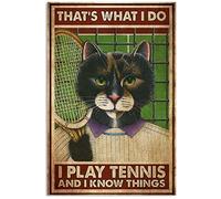 Bioprocess Cartello in latta vintage con scritta in inglese "Cat Play Tennis Know Things", stile vintage, in metallo, 20 x 30 cm