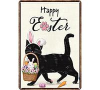 Bioprocess, targa da muro con scritta “Happy Easter” e gatto nero con orecchie da coniglio e uova di Pasqua, per casa, fattoria, bar, camera da letto, in latta, 20 x 30 cm