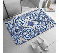 Bioputty Tappetino da bagno con piastrelle a mosaico marocchino, blu scuro e bianco, tappeto da bagno per doccia, morbido, antiscivolo, assorbente, lavabile, per vasca da bagno, spa, casa vacanze,