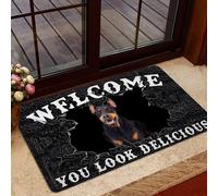 Bioputty You Look Delicious Welcome, zerbino con cane Dobermann, tappetino per ingresso, in gomma, con retro antiscivolo, assorbente, resistente allo sporco, per interni ed esterni, decorazione per la