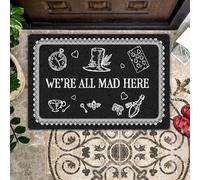 Bioputty Zerbino con scritta in inglese "Welcome We're All Mad Here", divertente tappeto da ingresso per interni, antiscivolo, lavabile, tappetino per ingresso esterno, per cucina, bagno, patio,