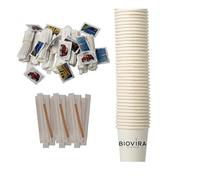 BIOVIRA Kit 100 tazzine caffe Carta 80ml 3oz, 100 Palettine Caffe Monouso, 100 Bustine Zucchero di alta qualità - Made in Italy - Ideale per Cialde Caffè Borbone Ideale per Casa, Ufficio, Bar