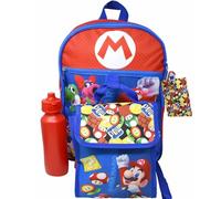Bioworld Super Mario Red - Set di 5 zaini da 40,6 cm, borsa per il pranzo, bottiglia d'acqua, moschettone e porta documenti, colore: blu