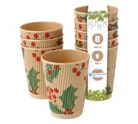 BIOZOYG 100 Bicchieri a coste da 300 ml Inverno 'Rami' per caffè da asporto biodegradabili. Bicchieri monouso per il vin brulé in carta a coste compostabile non sbiancata.