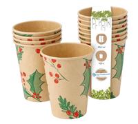 BIOZOYG 100 Bicchieri monouso da 300 ml Inverno 'Rami' per caffè da asporto biodegradabili. Bicchieri monouso per mercatini invernali in carta compostabile non sbiancata