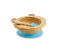 BIOZOYG Set con ciotola di bambù Orso Panda I Ciotola con base a ventosa e cucchiaio - certificato FSC I Splendida scodella in legno di bambù per bambini - ciotola da pappa e muesli rotonda blu