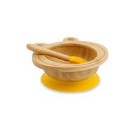 BIOZOYG Set con ciotola di bambù Rana I Ciotola con base a ventosa e cucchiaio - certificato FSC I Splendida scodella in legno di bambù per bambini - ciotola da pappa e muesli rotonda giallo
