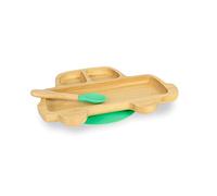 BIOZOYG Set con piatto di bambù Macchinina I Piatto con base a ventosa e cucchiaio - certificato FSC I Set con ciotola in legno di bambù per bambini da merenda I Stoviglie di bambù verdi