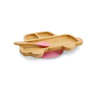 BIOZOYG Set con piatto di bambù Macchinina I Piatto con base a ventosa e cucchiaio - certificato FSC I Set con ciotola in legno di bambù per bambini da merenda I Stoviglie di bambù rosa