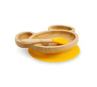 BIOZOYG Set con piatto di bambù Topo I Piatto con base a ventosa e cucchiaio - certificato FSC I Set con ciotola in legno di bambù per bambini - Piatto da merenda I Stoviglie di bambù giallo