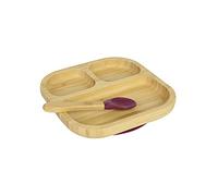 BIOZOYG Set con piatto quadrato di bambù I Piatto con base a ventosa e cucchiaio - certificato FSC I Set con ciotola in legno di bambù per bambini da merenda I Stoviglie di bambù rosse