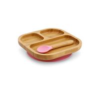 BIOZOYG Set con piatto quadrato di bambù I Piatto con base a ventosa e cucchiaio - certificato FSC I Set con ciotola in legno di bambù per bambini da merenda I Stoviglie di bambù rosa