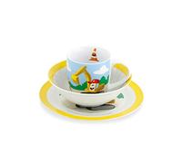 BIOZOYG - Set di Stoviglie per Bambini in Porcellana - Set per Colazione da 3 Pezzi, Lavabile in Lavastoviglie, Set di Piatti Tazze Ciotole Bianchi con Disegno, Idee Regalo Bambini, Scavatrice