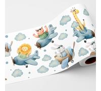 BipBop stickers. Bordo murale"Animali in Aereo" Greca decorativa per pareti cameretta bambini, adesivo riposizionabile e lavabile, facile applicazione e rimozione. (Animali in aereo)