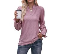 Bipily Manica Lunga da Donna V-Neck T-Shirt Camicetta Top Grazia Moda Sciolto Manica Lunga Casual Maniche a Sbuffo Tops Solido Maglietta (Rosa,XL)