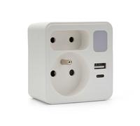 Biplite frontale 2 prese 16A + 6A standard francese con 1 presa USB-A e 1 presa USB-C. Con luce notturna. Multipresa 5 in 1 ideale per collegare il telefono, tablet…