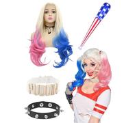 BIQIQI Costume Cosplay Quinn, Parrucca Quinn Accessorio con Collana Girocollo di Parrucca Bracciale Bastone Gonfiabile Quinn Cosplay Accessorio per Costumi Halloween Carnevale Cosplay Festa