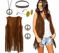 BIQIQI Costume Hippie Donna Anni 60 Anni 70 Gilet Nappa Occhiali da Sole Collana Orecchini Cerchietto Accessori Hippie Discoteca Festa di Halloween Natale Carnevale (XXL)