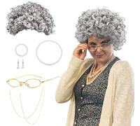 BIQIQI Grigia Parrucca Nonna Granny Vecchia Signora Accessorio Parrucca Cosplay con Parrucca Grigia Occhiali Nonna Madea, Cinturino Catene Occhiali, Gioielli di Perle il Costume Nonna al Carnevale