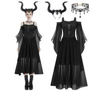 BIQIQI Halloween Costume Donna, Medievale Gotico Donna Vestito con Maniche a Tromba, 3 Pcs includere Fascia Corno di Demone Corna Diavolo Nero, Halloween Cosplay Carnevale Donna Costume