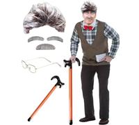 BIQIQI Parrucca Nonno Costume da Uomo Anziano con Parrucca, Sopracciglia, Baffi e Occhiali Rotondi, Parrucca Carnevale Halloween Einstein Scienziato Pazzo Nonno Professore